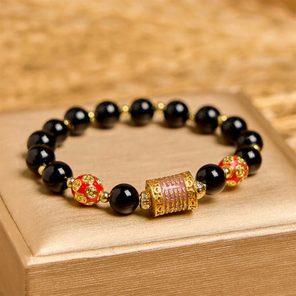 Buddha Stones Natural Black Onyx Five Scripture Copper Coins Fortune Bracelet