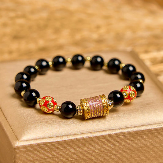 Buddha Stones Natural Black Onyx Five Scripture Copper Coins Fortune Bracelet