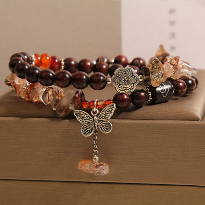 Buddha Stones Natural Rutilated Quartz Small Leaf Red Sandalwood Wealth Butterfly Charm Bracelet
