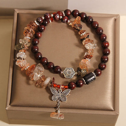 Buddha Stones Natural Rutilated Quartz Small Leaf Red Sandalwood Wealth Butterfly Charm Bracelet