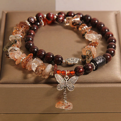 Buddha Stones Natural Rutilated Quartz Small Leaf Red Sandalwood Wealth Butterfly Charm Bracelet