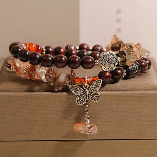 Buddha Stones Natural Rutilated Quartz Small Leaf Red Sandalwood Wealth Butterfly Charm Bracelet