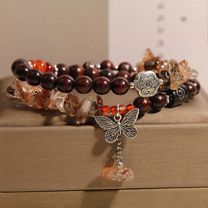 Buddha Stones Natural Rutilated Quartz Small Leaf Red Sandalwood Wealth Butterfly Charm Bracelet