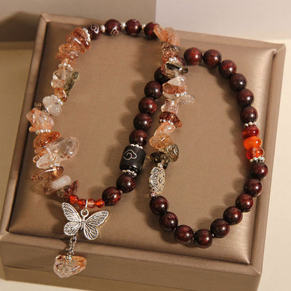 Buddha Stones Natural Rutilated Quartz Small Leaf Red Sandalwood Wealth Butterfly Charm Bracelet