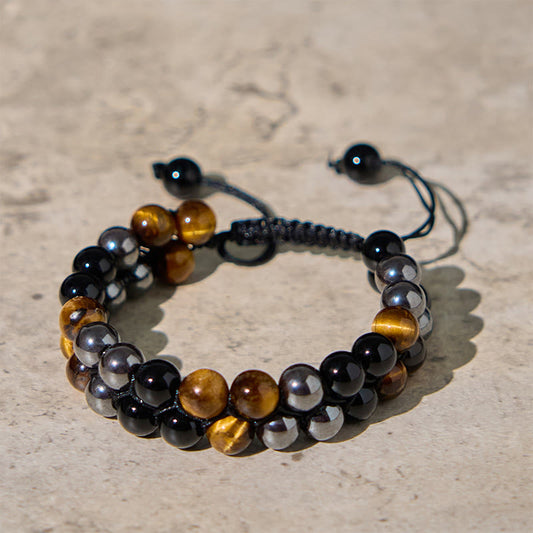 Buddha Stones Natural Tiger Eye Black Magnetite Black Onyx Double Row Beads Protection Bracelet