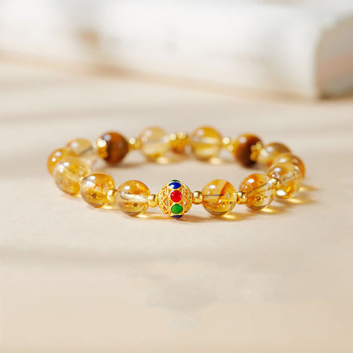Buddha Stones 925 Sterling Silver Fu Character Citrine Tiger Eye Protection Bracelet