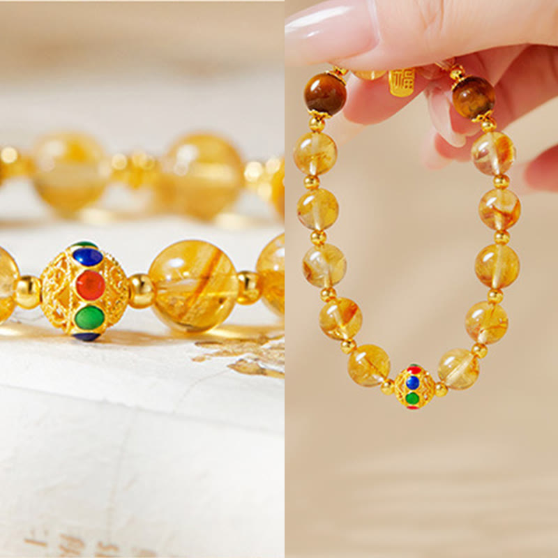 Buddha Stones 925 Sterling Silver Fu Character Citrine Tiger Eye Protection Bracelet