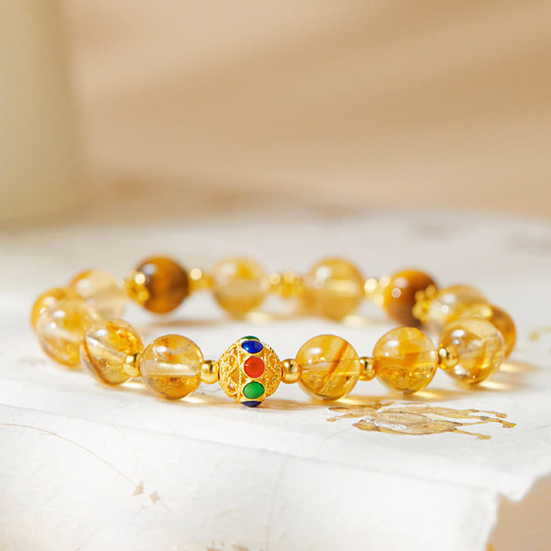 Buddha Stones 925 Sterling Silver Fu Character Citrine Tiger Eye Protection Bracelet