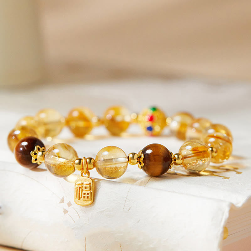 Buddha Stones 925 Sterling Silver Fu Character Citrine Tiger Eye Protection Bracelet