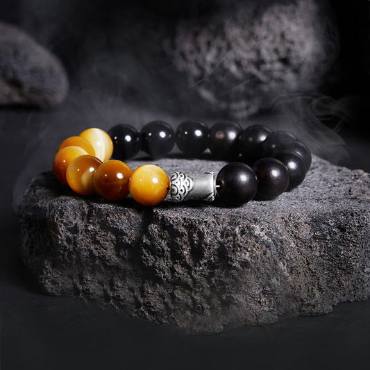 Buddha Stones 999 Sterling Silver Ebony Tiger Eye Black Obsidian Relax Bracelet