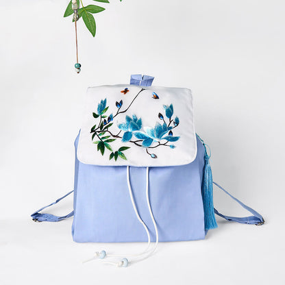 Buddha Stones Handmade Blue Magnolia Embroidered Large Capacity Canvas Backpack