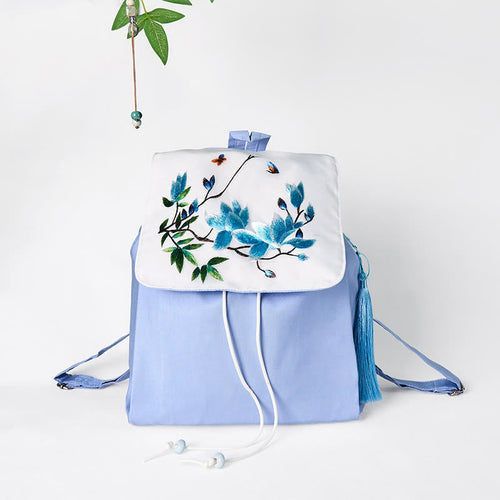 Buddha Stones Handmade Blue Magnolia Embroidered Large Capacity Canvas Backpack