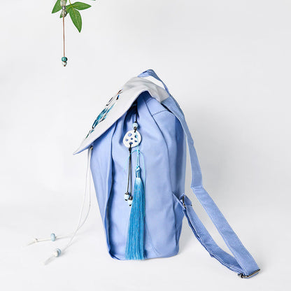 Buddha Stones Handmade Blue Magnolia Embroidered Large Capacity Canvas Backpack