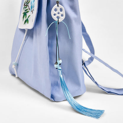 Buddha Stones Handmade Blue Magnolia Embroidered Large Capacity Canvas Backpack