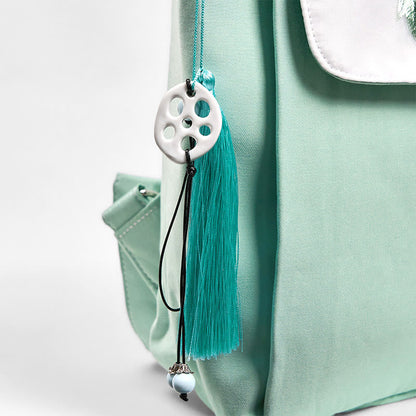 Buddha Stones Handmade Green Peony Flowers Embroidered Large Capacity Canvas Backpack