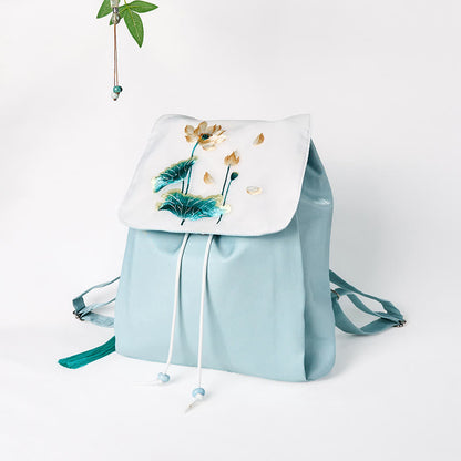 Buddha Stones Handmade Blue Lotus Embroidered Large Capacity Canvas Backpack