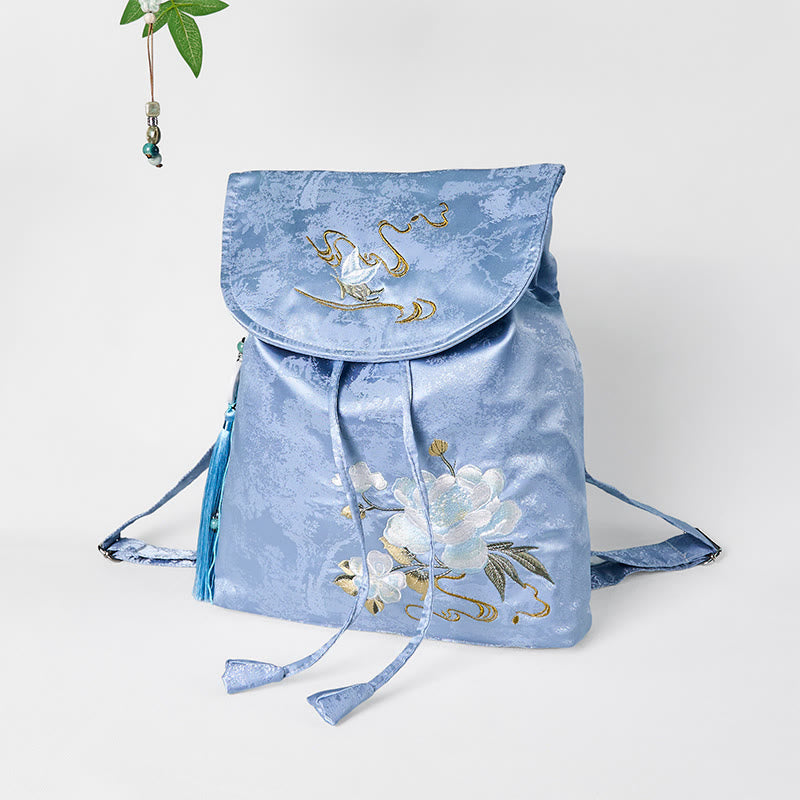 Buddha Stones Handmade Blue Camellia Embroidered Large Capacity Polyester Cotton Backpack