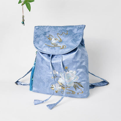 Buddha Stones Handmade Blue Camellia Embroidered Large Capacity Polyester Cotton Backpack