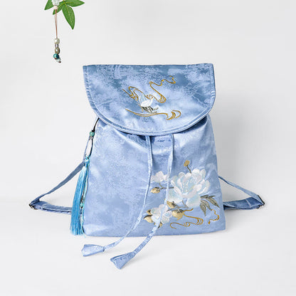 Buddha Stones Handmade Blue Camellia Embroidered Large Capacity Polyester Cotton Backpack