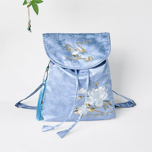 Buddha Stones Handmade Blue Camellia Embroidered Large Capacity Polyester Cotton Backpack