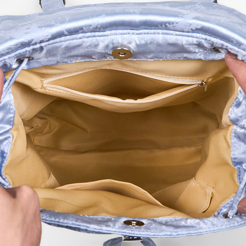 Buddha Stones Handmade Blue Camellia Embroidered Large Capacity Polyester Cotton Backpack