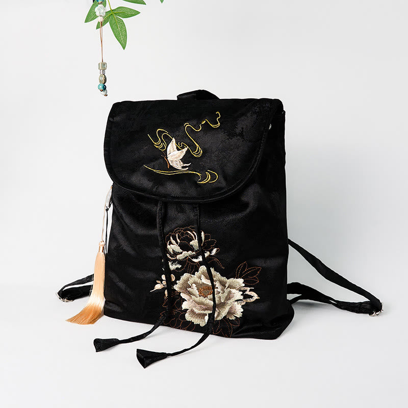 Buddha Stones Handmade Black Peony Embroidered Large Capacity Polyester Cotton Backpack