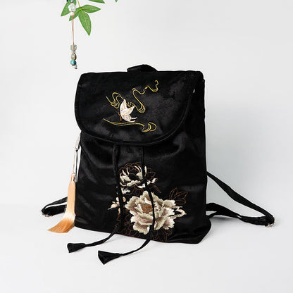 Buddha Stones Handmade Black Peony Embroidered Large Capacity Polyester Cotton Backpack
