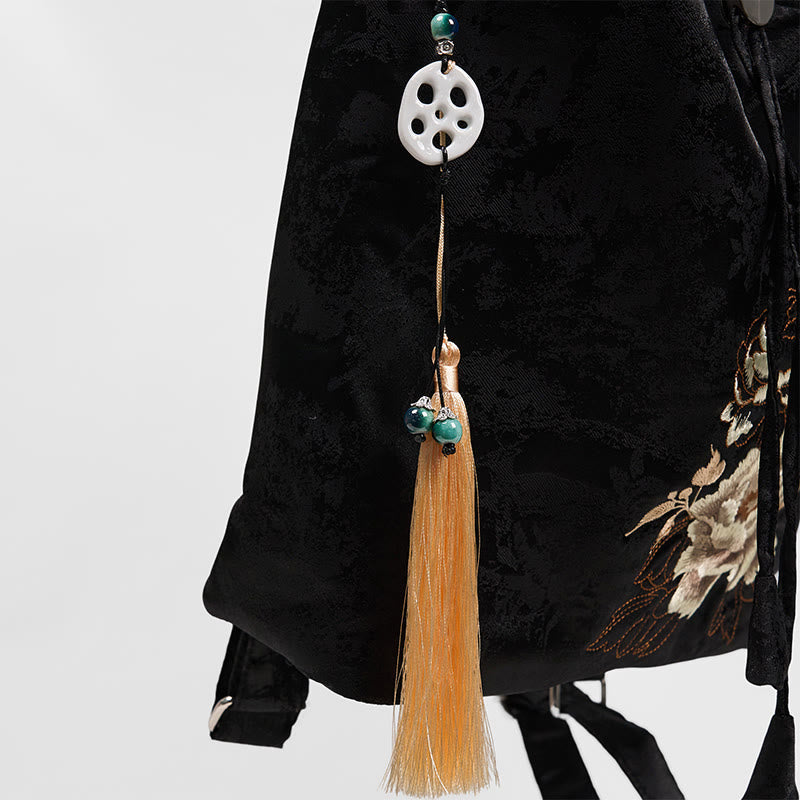 Buddha Stones Handmade Black Peony Embroidered Large Capacity Polyester Cotton Backpack