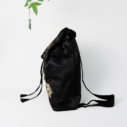Buddha Stones Handmade Black Peony Embroidered Large Capacity Polyester Cotton Backpack