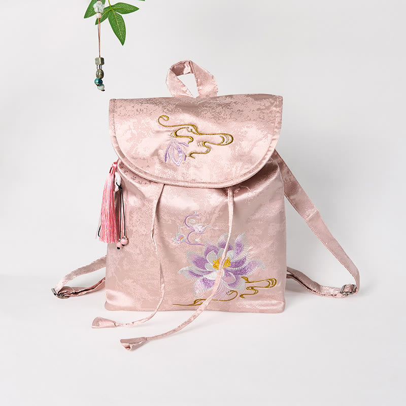 Buddha Stones Handmade Pink Lotus Embroidered Large Capacity Polyester Cotton Backpack