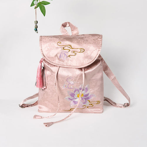 Buddha Stones Handmade Pink Lotus Embroidered Large Capacity Polyester Cotton Backpack