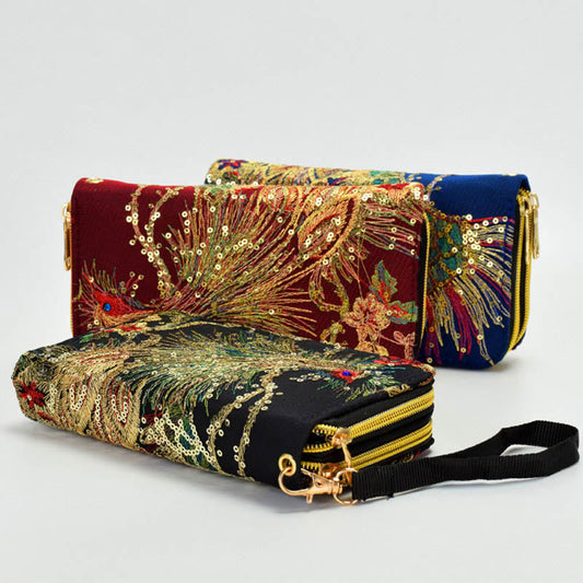 Buddha Stones Peacock Double-sided Embroidery Cash Holder Wallet Shopping Purse