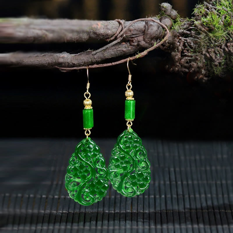 Buddha Stones Water Droplet Hollow Shape Jade Red Agate 925 Sterling Silver Luck Earrings