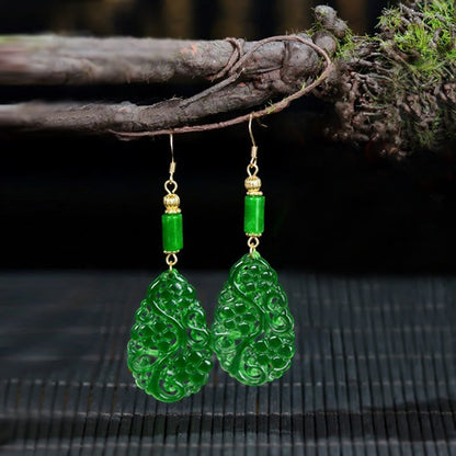 Buddha Stones Water Droplet Hollow Shape Jade Red Agate 925 Sterling Silver Luck Earrings