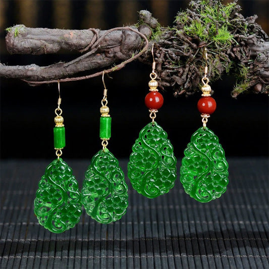 Buddha Stones Water Droplet Hollow Shape Jade Red Agate 925 Sterling Silver Luck Earrings