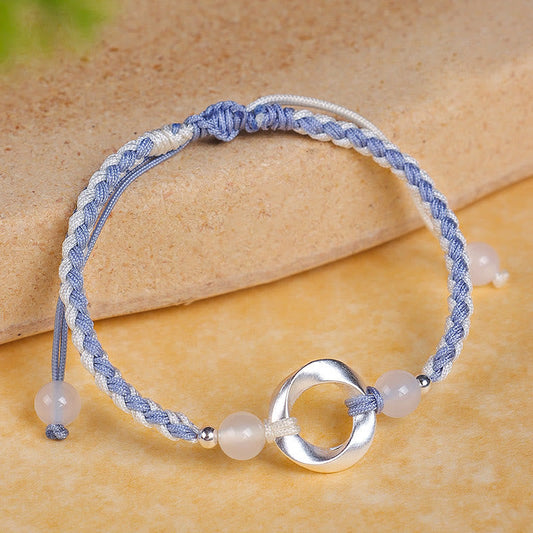 Buddha Stones 925 Sterling Silver Mobius White Agate Bead Braided String Protection Bracelet