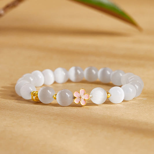 Buddha Stones 925 Sterling Silver Peach Blossom Lucky Bag White Cat's Eye Luck Bracelet
