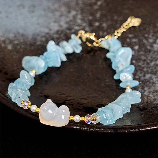 Buddha Stones Natural Irregular Aquamarine Cute Cat Healing Bracelet