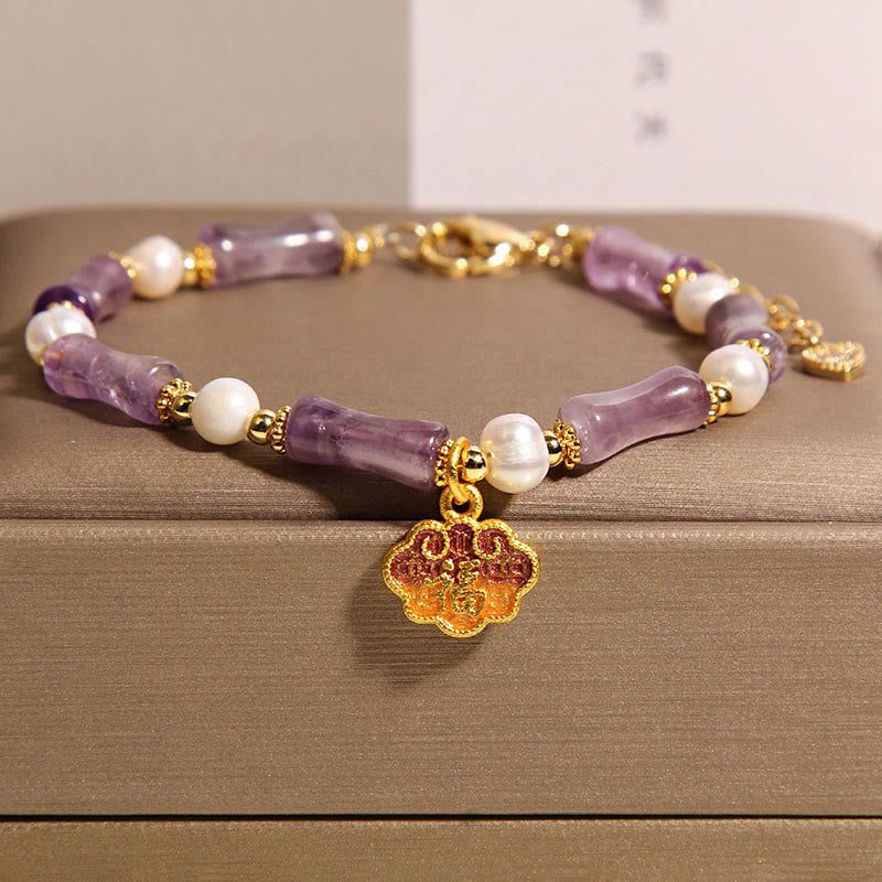 Buddha Stones Natural Peace Lock Bamboo Shape Fu Character Amethyst Pearl Balance Bracelet