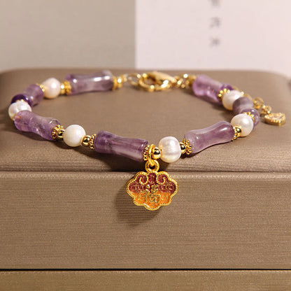 Buddha Stones Natural Peace Lock Bamboo Shape Fu Character Amethyst Pearl Balance Bracelet