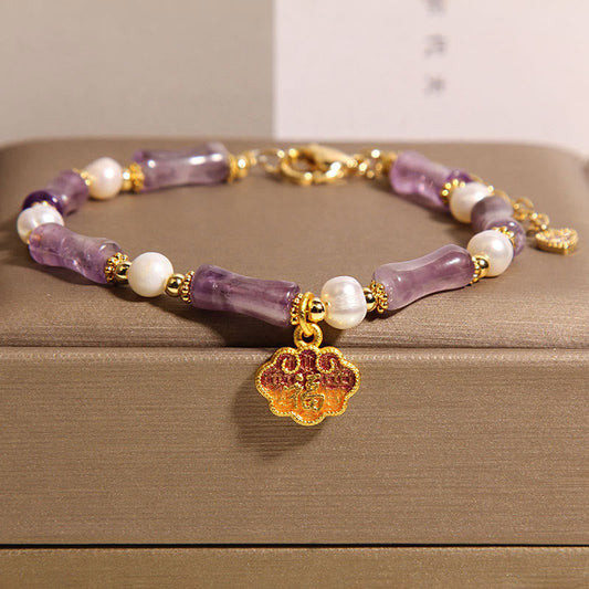 Buddha Stones Natural Peace Lock Bamboo Shape Fu Character Amethyst Pearl Balance Bracelet