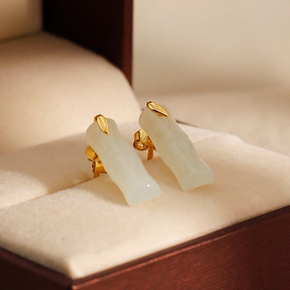 Buddha Stones Bamboo Hetian Jade 925 Sterling Silver Leaf Wealth Earrings