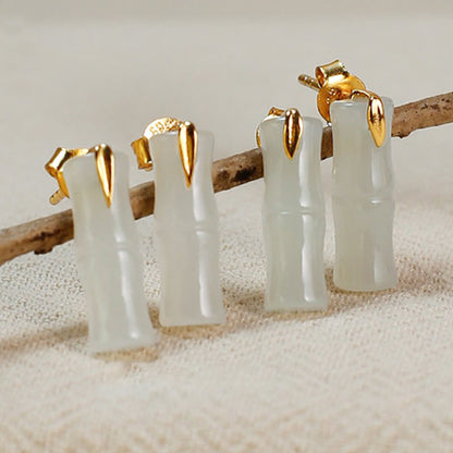 Buddha Stones Bamboo Hetian Jade 925 Sterling Silver Leaf Wealth Earrings