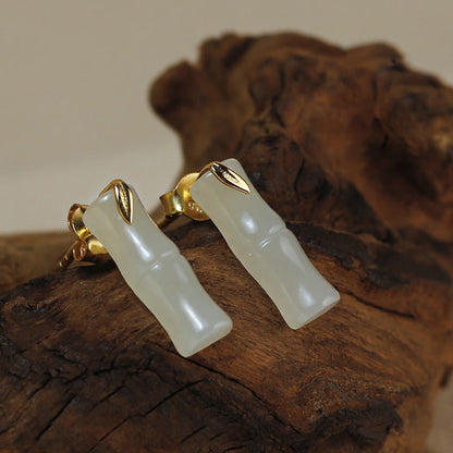 Buddha Stones Bamboo Hetian Jade 925 Sterling Silver Leaf Wealth Earrings