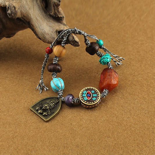 Buddha Stones Tibetan Buddha's Eye Turquoise Lotus Zakiram Protection Rope Bracelet