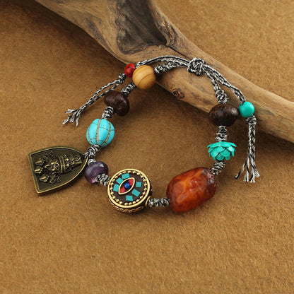 Buddha Stones Tibetan Buddha's Eye Turquoise Lotus Zakiram Protection Rope Bracelet