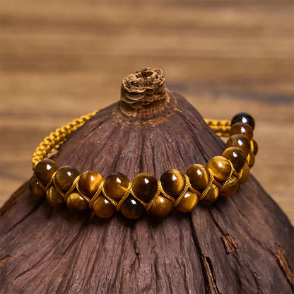 Buddha Stones Natural Tiger Eye Cinnabar Hand-woven Double Row Beads Protection Bracelet