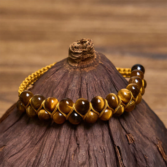 Buddha Stones Natural Tiger Eye Cinnabar Hand-woven Double Row Beads Protection Bracelet