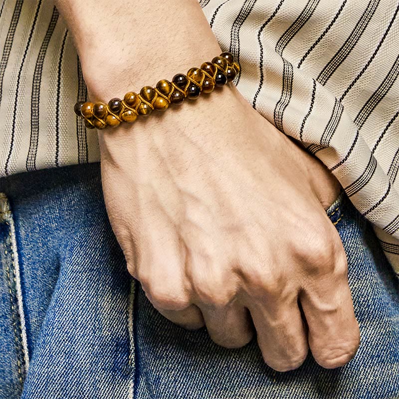 Buddha Stones Natural Tiger Eye Cinnabar Hand-woven Double Row Beads Protection Bracelet