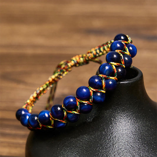 Buddha Stones Natural Blue Tiger Eye Hand-woven Colored Rope Double Row Beads Balance Bracelet